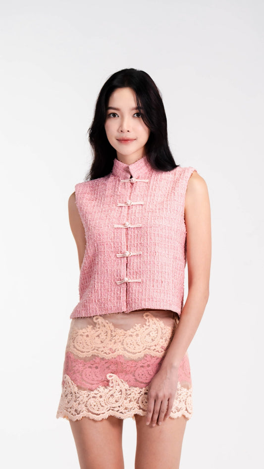 PEONY TWEED VEST WITH MANDARIN BUTTONS