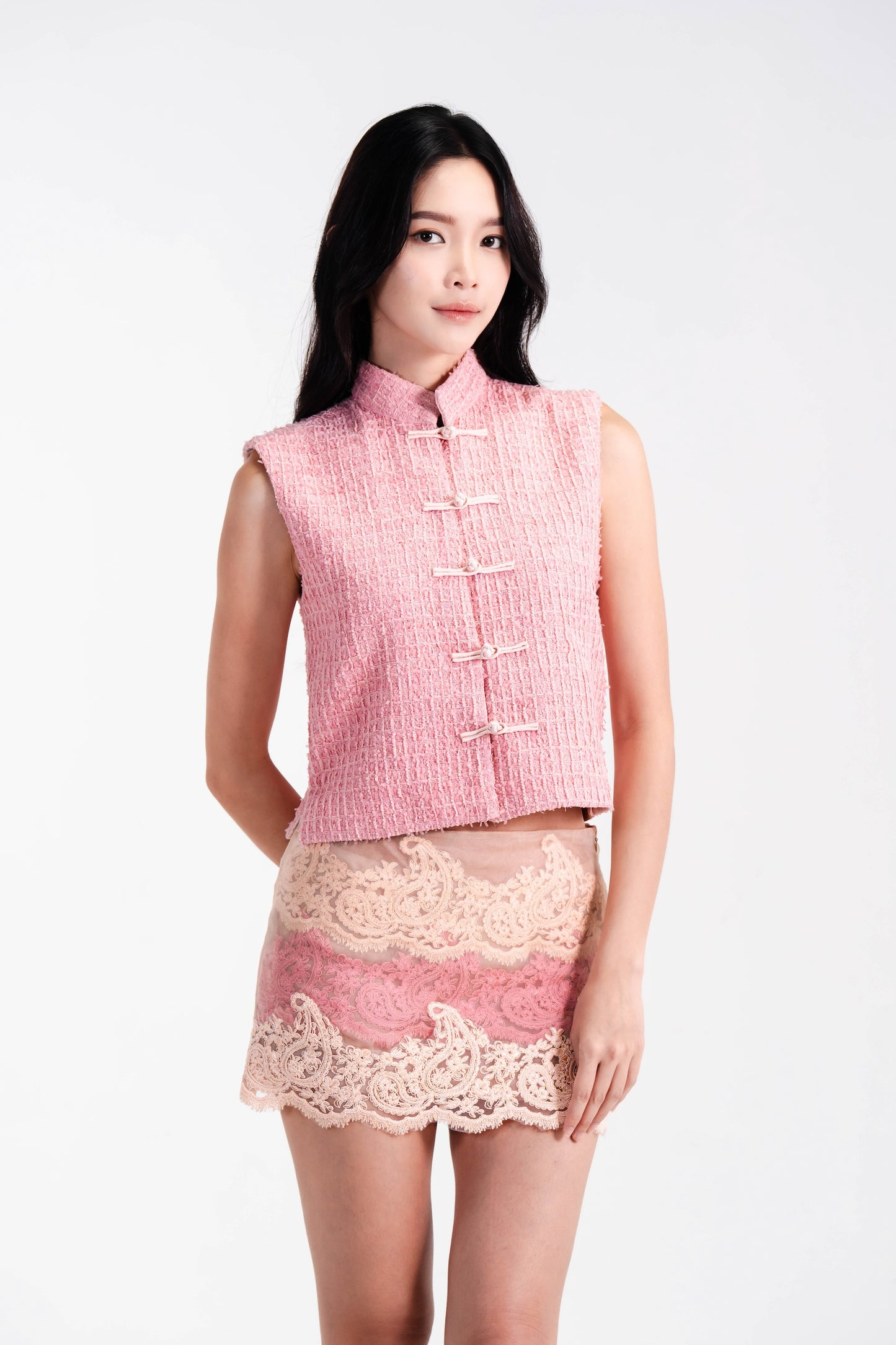 PEONY TWEED VEST WITH MANDARIN BUTTONS