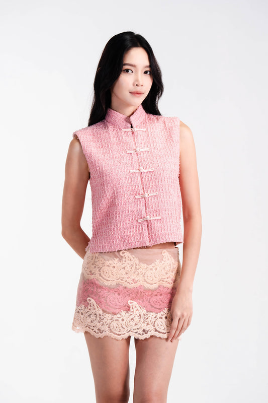 PEONY TWEED VEST WITH MANDARIN BUTTONS